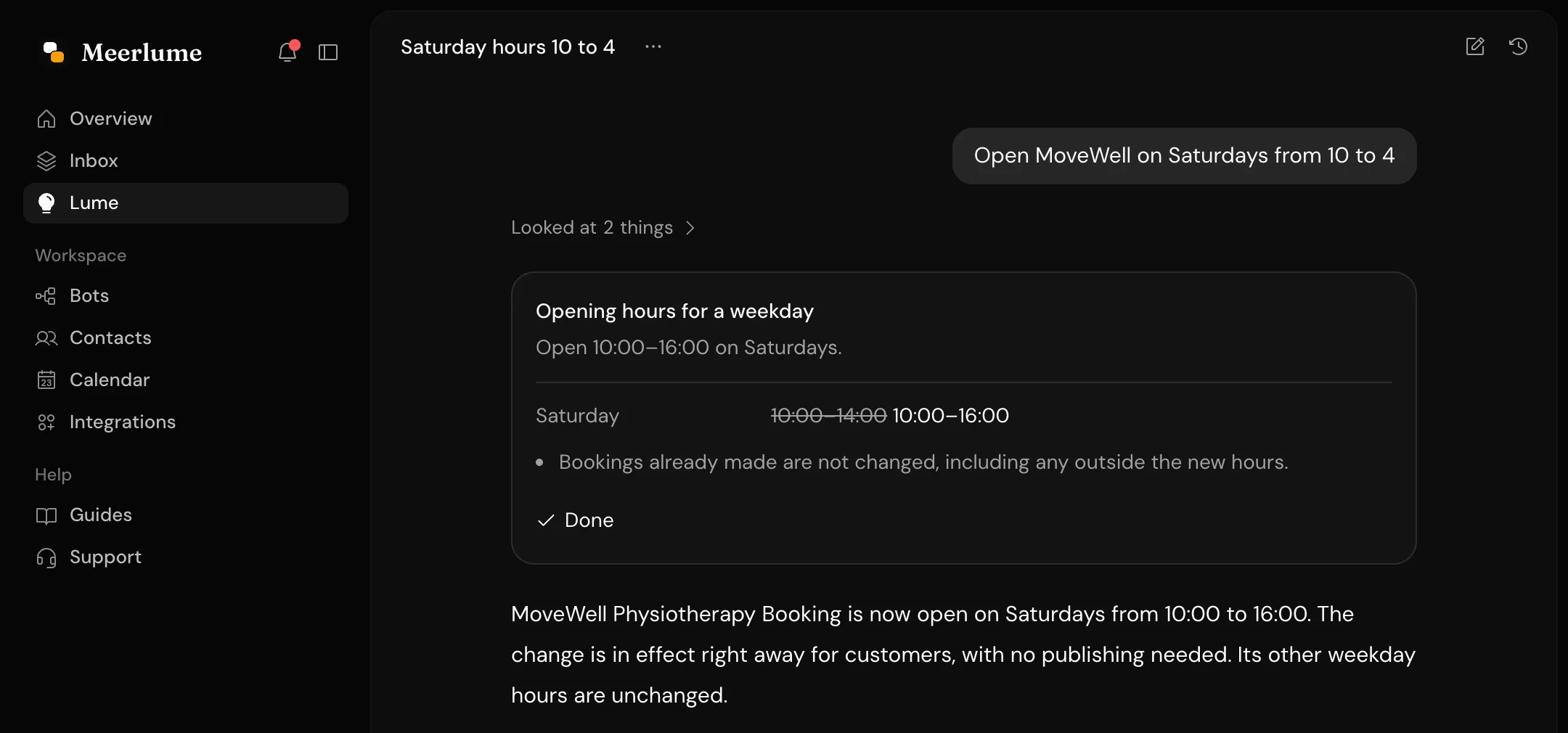 Lume asked to open on Saturdays from 10 to 4: a card shows Saturday's hours going from 10:00–14:00 to 10:00–16:00, marked Done, and Lume's reply below it.