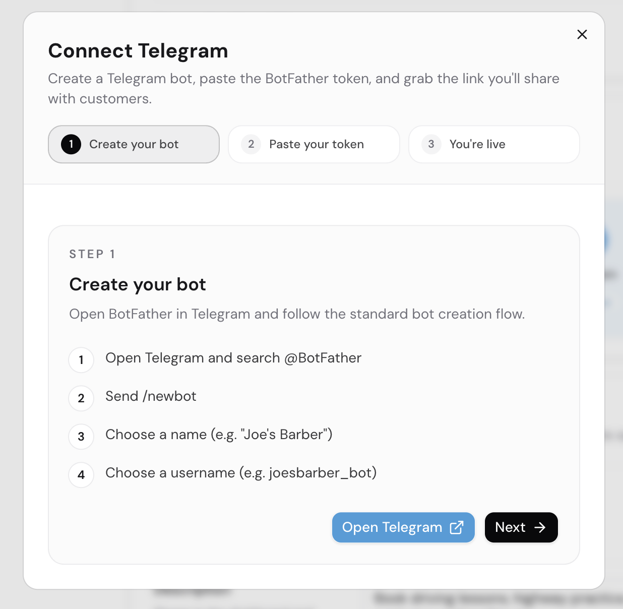The Telegram connection dialog with the bot token field