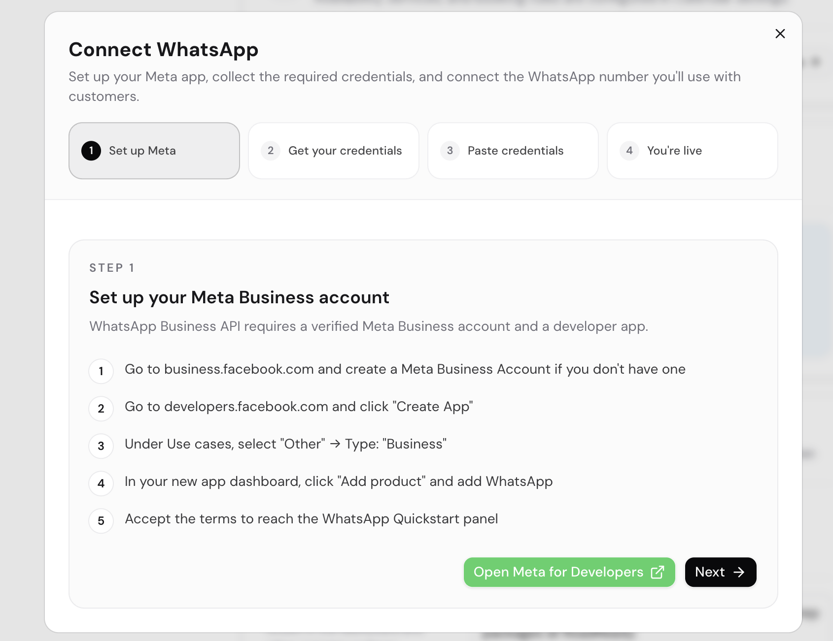 The WhatsApp connection dialog with credential fields