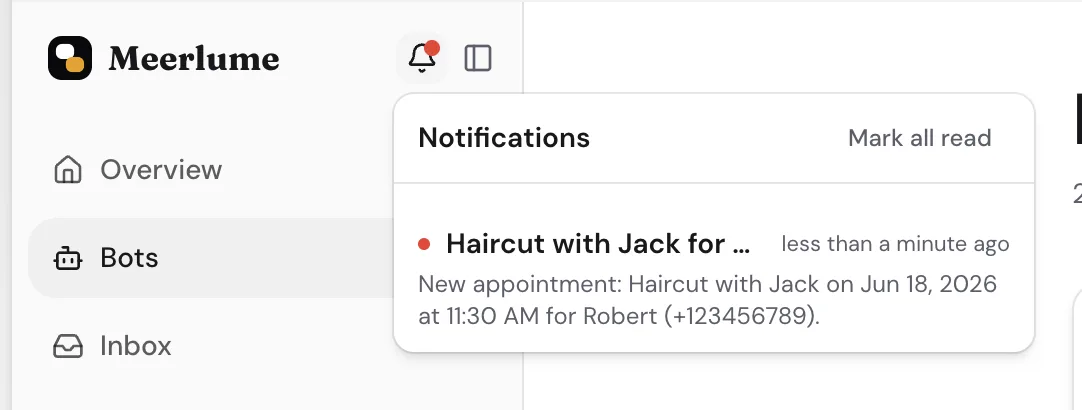 The notification bell open in the dashboard with an unread submission notification and Mark all read