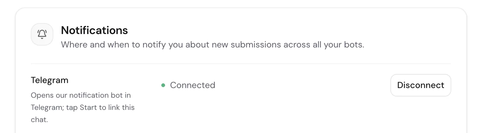 The Telegram row in notification settings showing a connected subscription with a Disconnect button