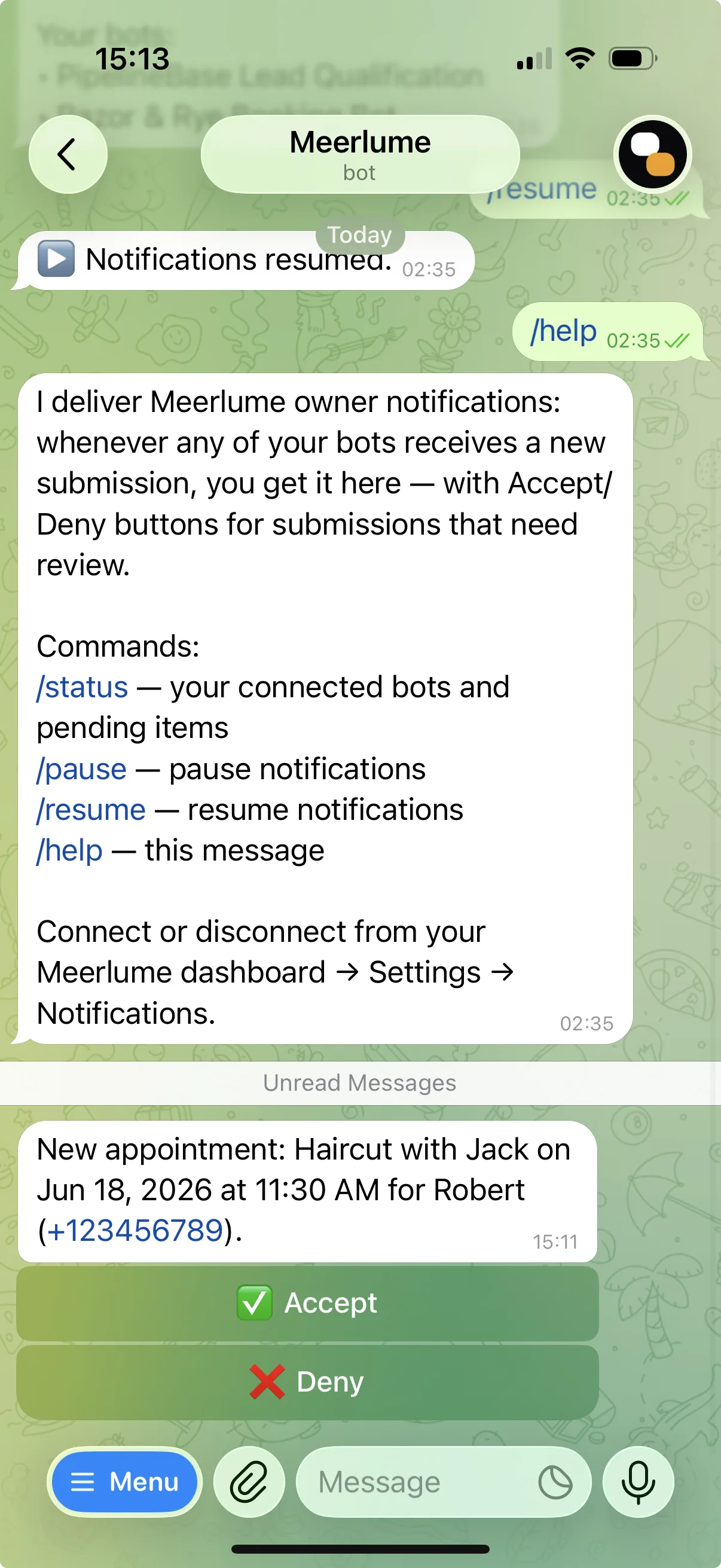 A Telegram notification from the Meerlume bot with inline Accept and Deny buttons under a new appointment