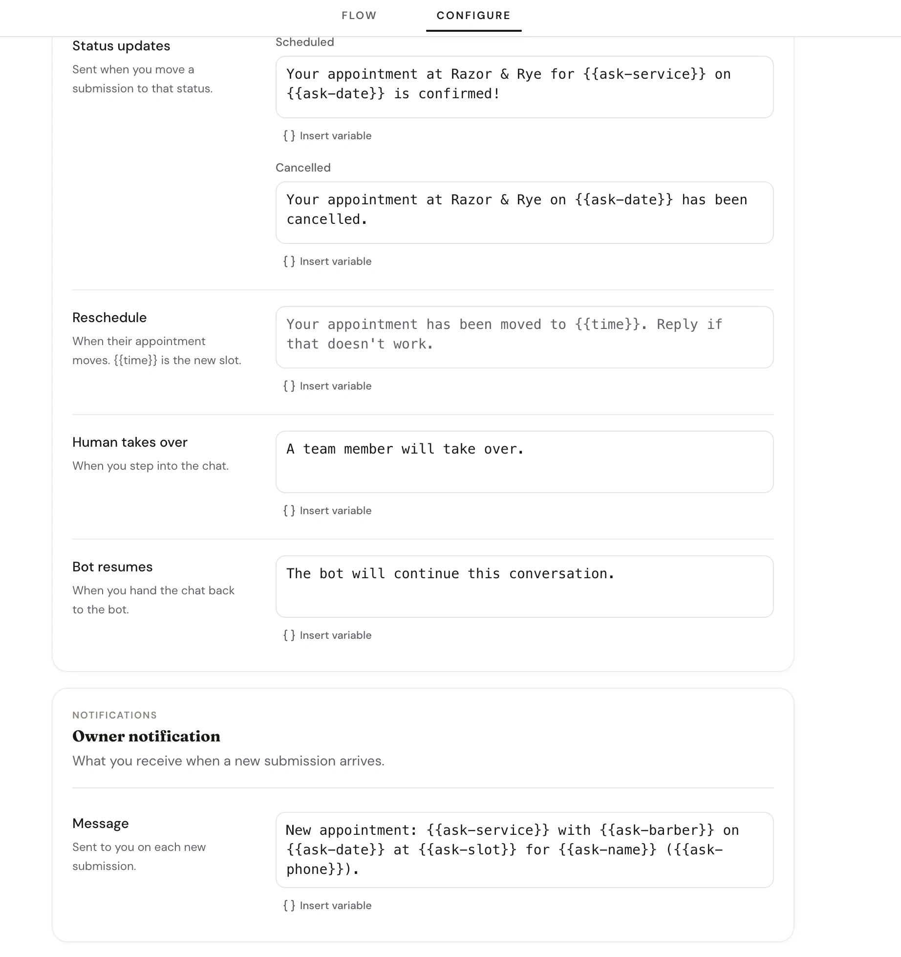 The Owner notification message field in the Configure tab with answer variables filled in