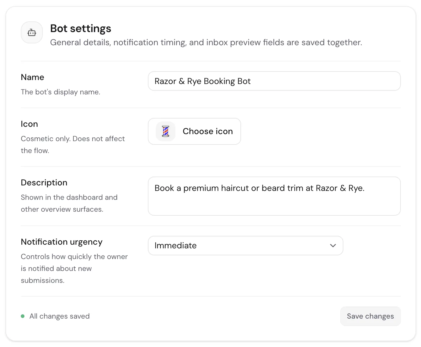 Bot settings with the Notification urgency control set to Immediate